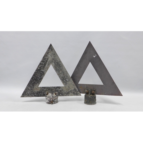 413 - Two vintage metal reflective red warning triangles on stands, worn, taller 46cm (2)