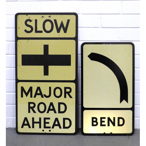 416 - Two reflective road signs, ' slow major road ahead' by Franco signs, 36 x 70cm and left hand 'bend' ... 