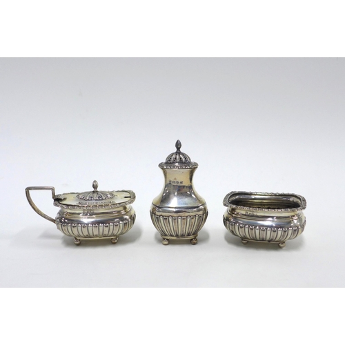 42 - Victorian five piece silver cruet set, Chester 1894, with half gadroon decoration, in fitted case (5... 