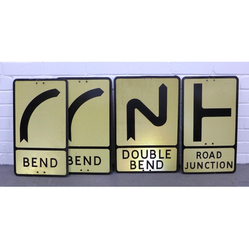 420 - Four vintage reflective road signs, including a Winsser 'road junction', 'double bend' and two right... 