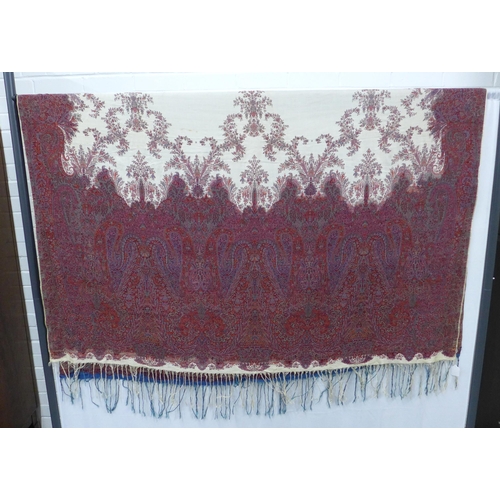 425 - 19th century French blue silk paisley shawl, finely woven with boteh border with a half section blue... 