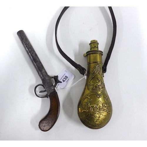 438 - Antique percussion cap pistol and a brass powder flask (2)