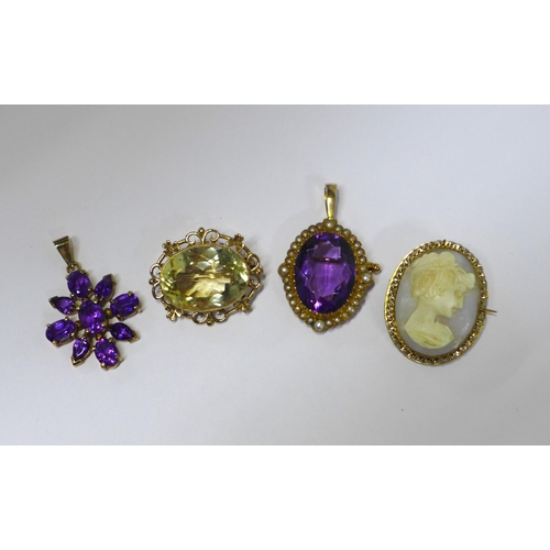 56 - 9ct gold citrine brooch, 9 ct gold amethyst flowerhead brooch, an unmarked amethyst and seed pearl b... 