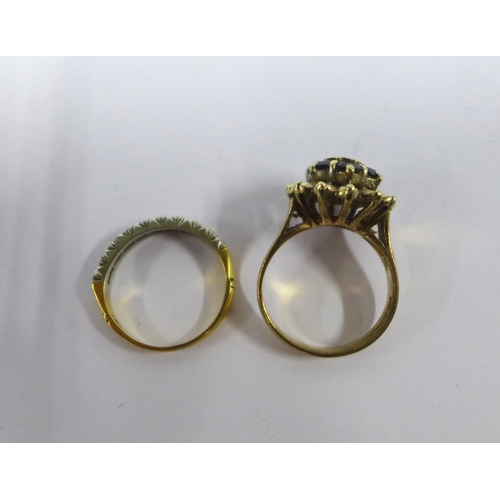 57 - Ladies vintage 9ct gold gemset cluster ring and a diamond set half hoop eternity ring (2)