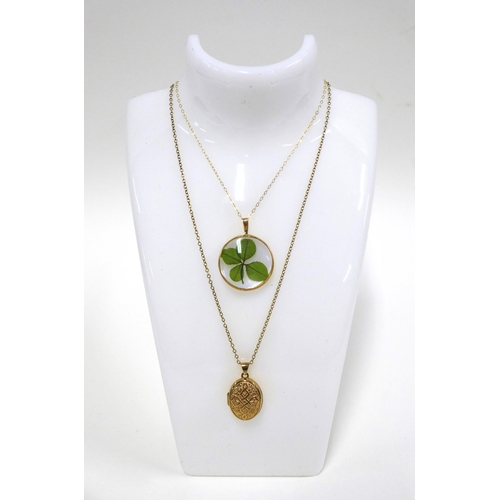 6 - Clover pendant on a 9ct gold trace link chain and a 9ct gold locket on chain