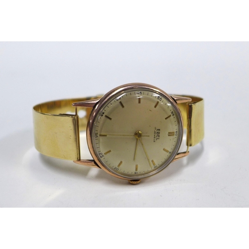 61 - Gents vintage EBEL wristwatch in a rose coloured case, on a 9ct yellow gold bracelet strap, stamped ... 