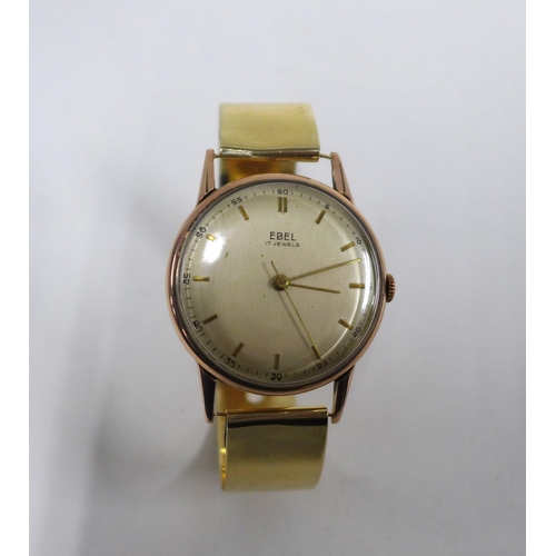 61 - Gents vintage EBEL wristwatch in a rose coloured case, on a 9ct yellow gold bracelet strap, stamped ... 