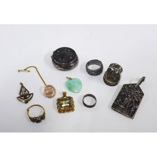 64 - 9ct gold pendant, various costume jewellery, a small silver trinket box and an aide memoire, etc (a ... 