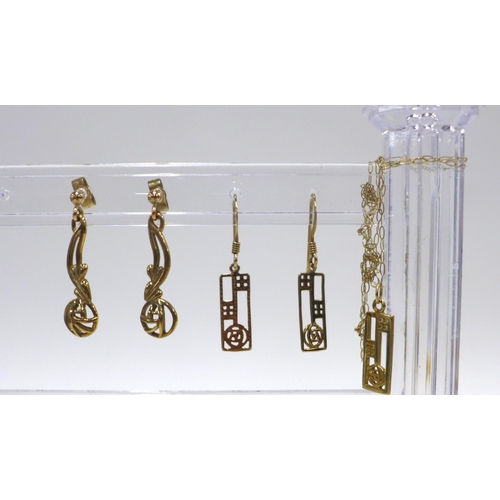 7 - A pair of 9ct gold drop earrings, a pair of Rennie Mackintosh style earrings and a pendant on a 9ct ... 