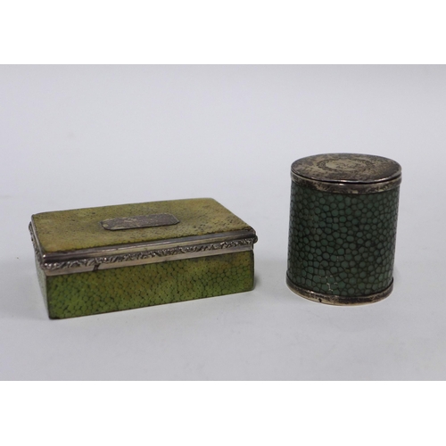 71 - Victorian silver mounted shagreen box and cover of cylindrical form London 1886, 5cm high and a 19th... 