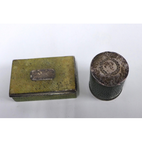 71 - Victorian silver mounted shagreen box and cover of cylindrical form London 1886, 5cm high and a 19th... 