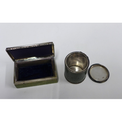 71 - Victorian silver mounted shagreen box and cover of cylindrical form London 1886, 5cm high and a 19th... 