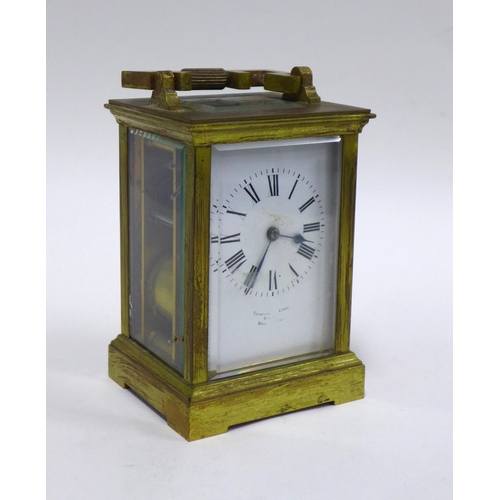 76 - 19th century brass cased carriage clock, with leather carry case, (handle is loose and sold a/f) 14c... 