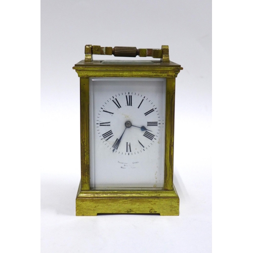 76 - 19th century brass cased carriage clock, with leather carry case, (handle is loose and sold a/f) 14c... 