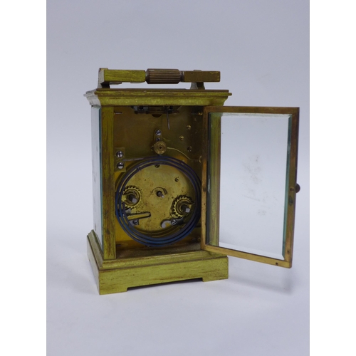 76 - 19th century brass cased carriage clock, with leather carry case, (handle is loose and sold a/f) 14c... 