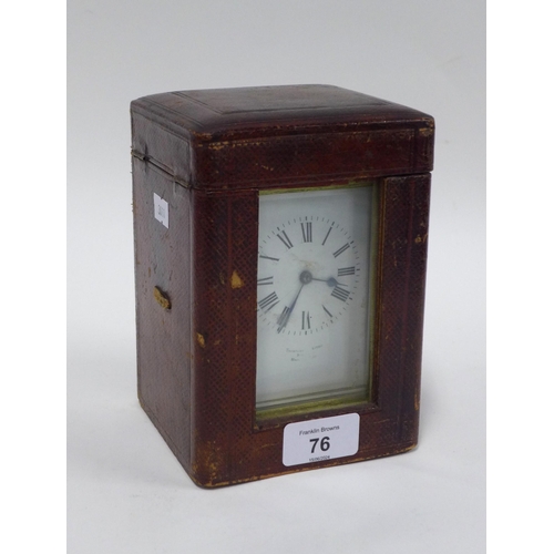 76 - 19th century brass cased carriage clock, with leather carry case, (handle is loose and sold a/f) 14c... 