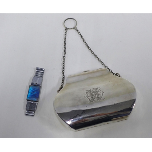 77 - Early 20th century silver evening bag, green silk lined interior with dance card and pencil together... 