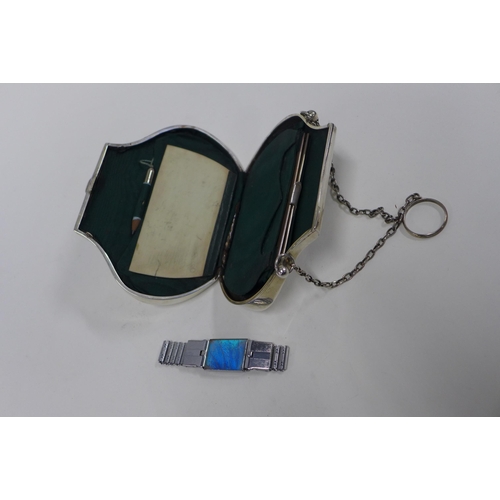 77 - Early 20th century silver evening bag, green silk lined interior with dance card and pencil together... 