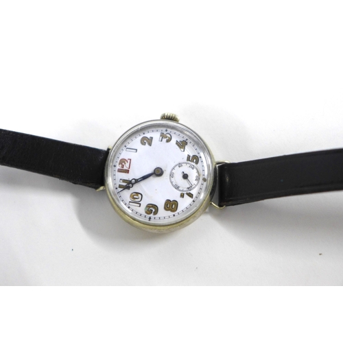 8 - An early 20th century 'Trench' wristwatch with Borgel case, white dial and red number twelve, on a b... 