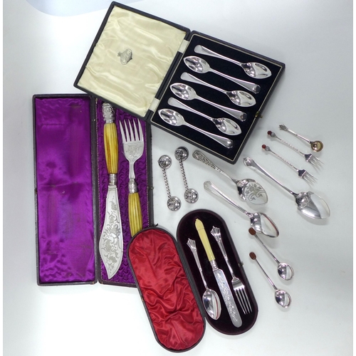 80 - Cased set of Epns and horn fish servers, Epns grapefruit spoons, Epns Christening set with composite... 