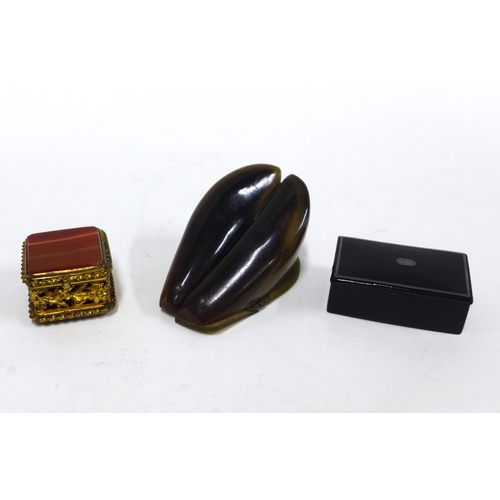 88 - Scottish horn snuff box and a papier mache box and a gilt metal hardstone box (3)