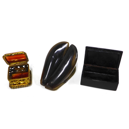 88 - Scottish horn snuff box and a papier mache box and a gilt metal hardstone box (3)