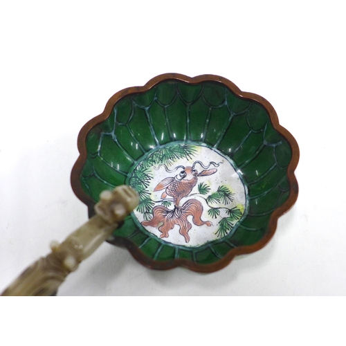 94 - Chinese green enamel bowl of lobed form and with fish pattern, bronze mounted rim and footrim and ja... 