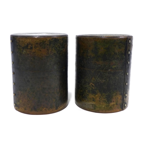 95 - Two Chinese beaten metal tea caddies with internal pewter covers and copper scoops (2) 12cm