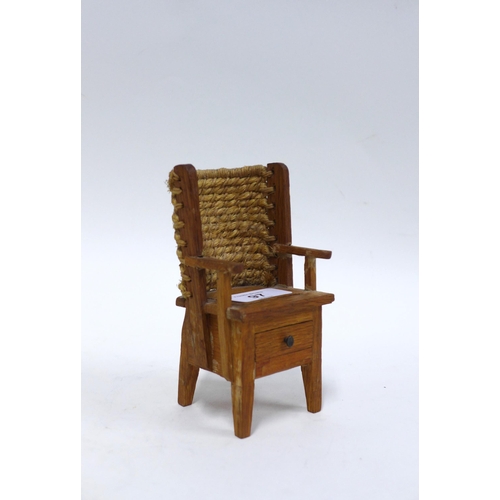 97 - Miniature Orkney chair of typical design with woven backrest and a drawer to the base, 13cm high