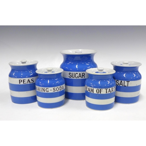 143 - Set of five Cornishware blue and white jars with covers, including sugar, peas, cream of tartar, bak... 