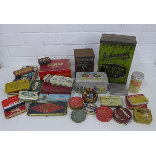 442 - Box containing vintage tins, including Johnsons Sweet-Joy Toffies, Oxo Cubes, tobacco tins etc, tall... 