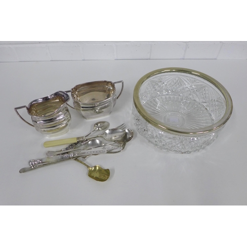 443 - Glass bowl with EPNS collar, 12cm diameter, together with a sugar bowl and cream jug, and various cu... 