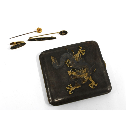 10 - 15ct gold tiepin and a Japanese Dragon and Mount Fuji cigarette case, similar tiepin, stud and brooc... 