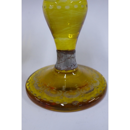 104 - Pair of amber bohemian glass goblet vases with covers, decorated with stags, 35cm (a/f) (2)