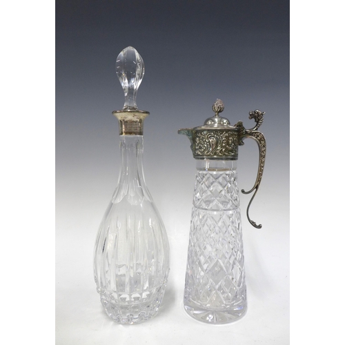 109 - Mappin & Webb silver mounted glass decanter, London 1983, 38cm, together with a glass and silver pla... 