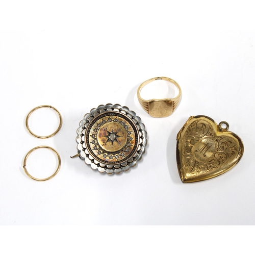 12 - 10ct gold signet ring, gold plated heart shaped locket, Victorian brooch with an old cut diamond to ... 