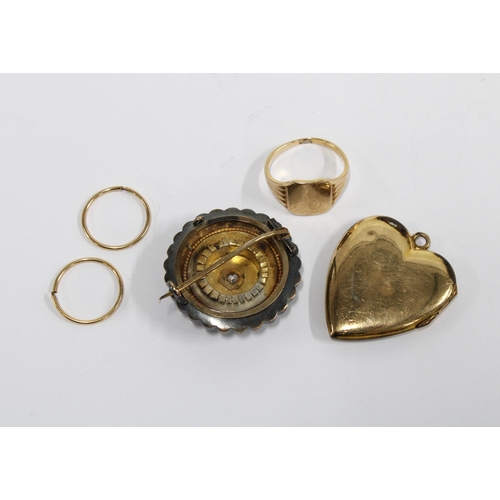 12 - 10ct gold signet ring, gold plated heart shaped locket, Victorian brooch with an old cut diamond to ... 