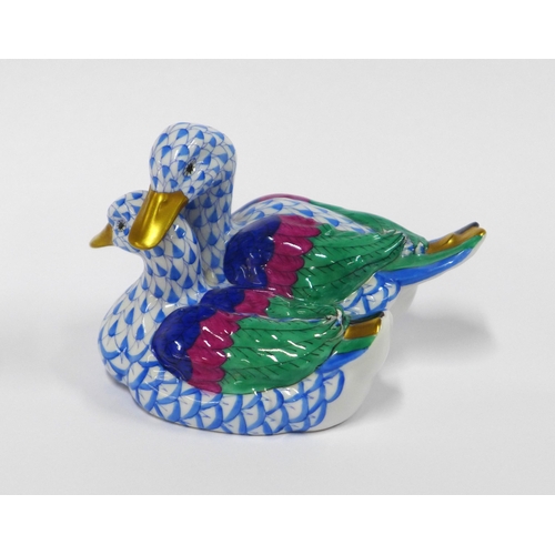 128 - Herend fishnet blue porcelain group of two ducks, 7cm