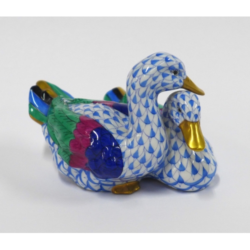 128 - Herend fishnet blue porcelain group of two ducks, 7cm