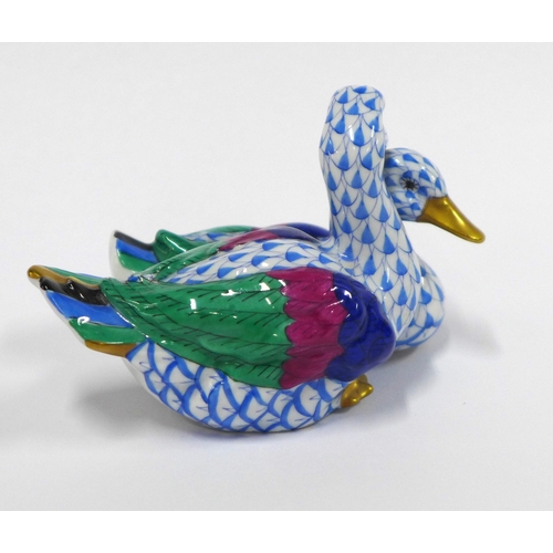 128 - Herend fishnet blue porcelain group of two ducks, 7cm