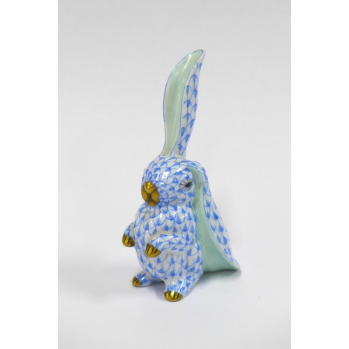 129 - Herend fishnet blue porcelain rabbit, 10cm