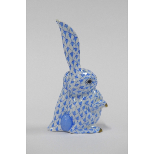 129 - Herend fishnet blue porcelain rabbit, 10cm