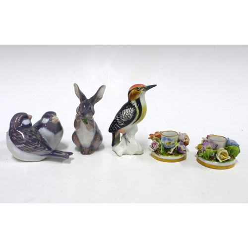 130 - Royal Copenhagen rabbit and birds figures, together with another a Karl Ens bird and two Made In Ita... 