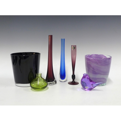 131 - Collection of Scandinavian art glass, including three stem vases, a Konstglas bird, two large glass ... 