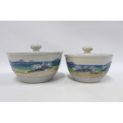 132 - Highland Stoneware, Scotland group of handpainted  pottery to include a bowl 30cm diameter, two dish... 