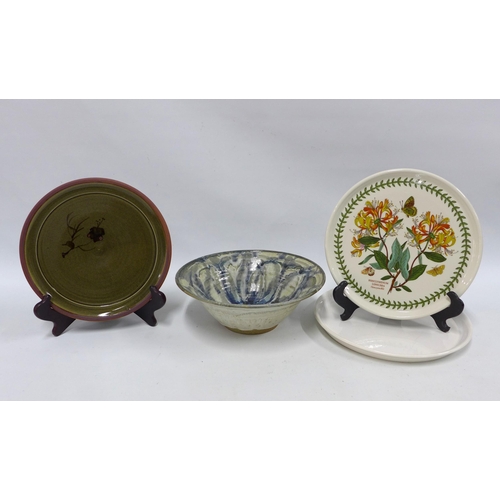 133 - Studio pottery bowl, 26cm diameter, together with a Glenshee Pottery plate, a Portmeirion Botanic Ga... 