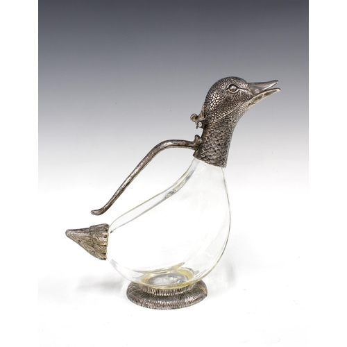 142 - Epns and glass duck jug, 26cm