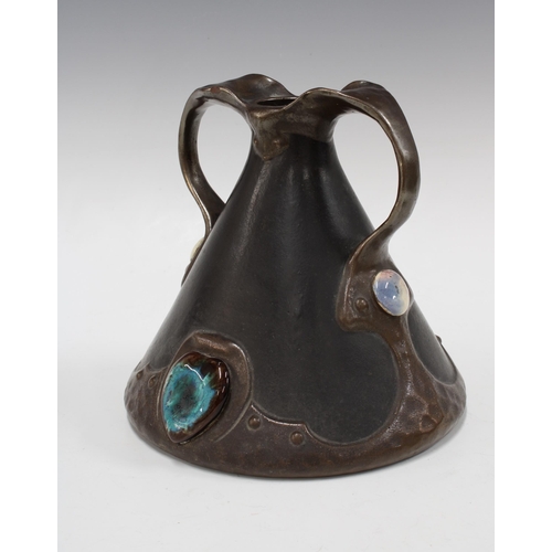 144 - Bretby Art Nouveau two handled vase, with jewelled cabochons and faux copper mounts, 21cm