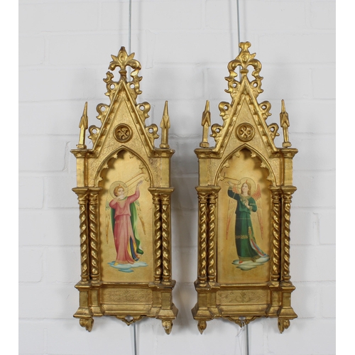 150 - After Fra Angelico, two paintings of Triumphant Angels, in Gothic style giltwood frames, total size ... 