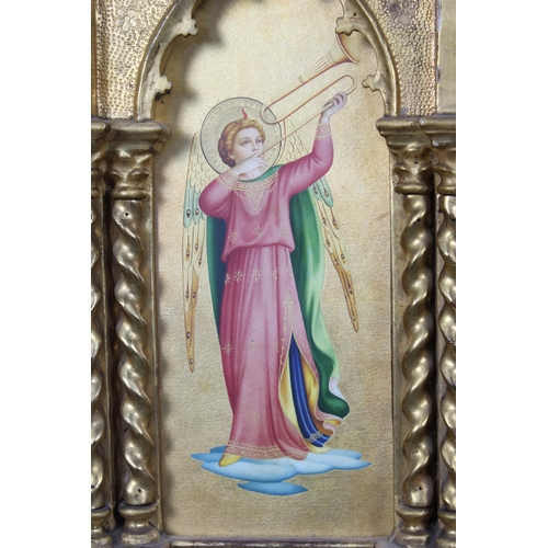 150 - After Fra Angelico, two paintings of Triumphant Angels, in Gothic style giltwood frames, total size ... 